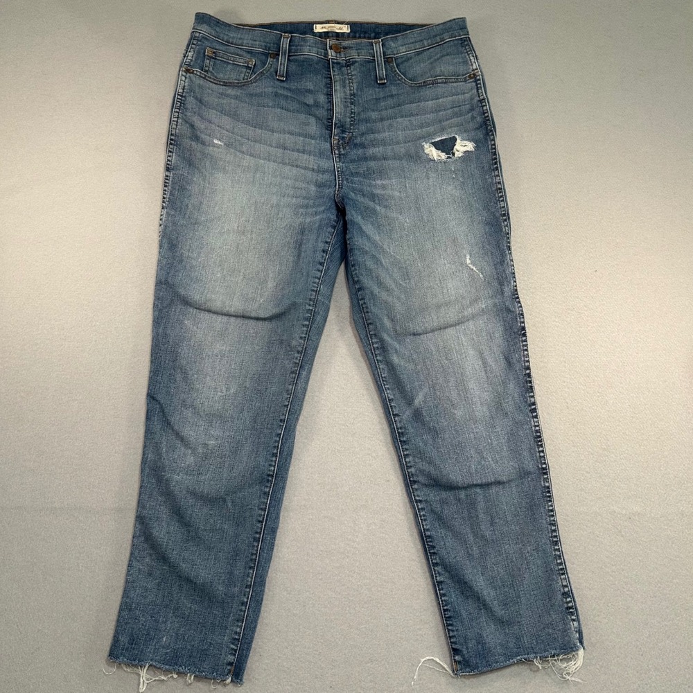 Madewell Stovepipe Jeans Womens 32 Blue Distressed High Rise Raw Hem K7984
